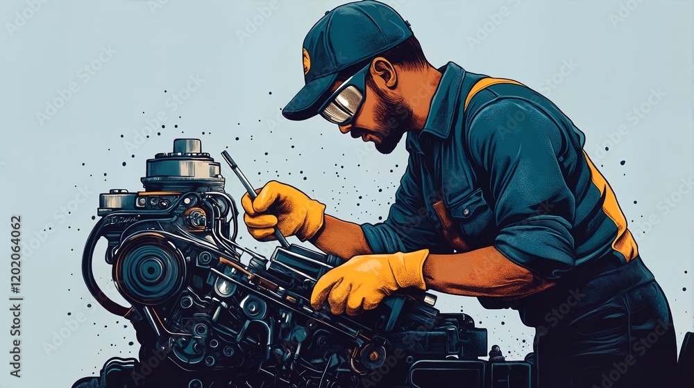 Fototapeta premium A cartoon-style illustration of a man wearing blue overalls and a cap, working on an engine.