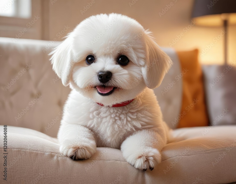 Bichon Frise puppy wagging its tail on a plush couch, home, wagging tail, bichon frise Bichon Frise puppy wagging its tail on a plush couch, home, wagging tail, bichon frise