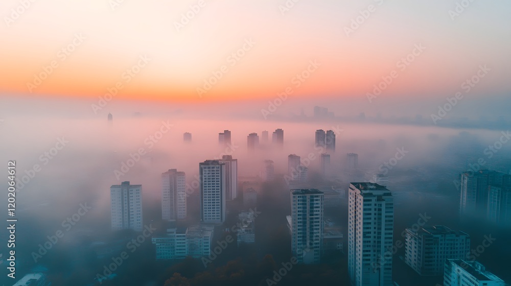 Fototapeta premium Dramatic Aerial View of Densely Packed Urban Skyline Shrouded in Atmospheric Smog and Mist at Sunset