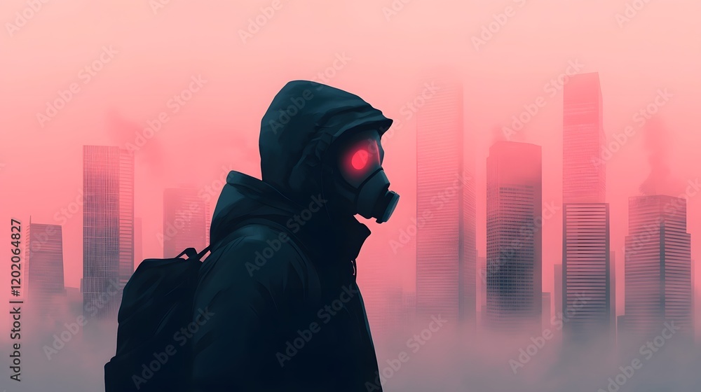 Hooded figure in smog-filled urban cityscape with masks and protective gear Hooded figure in smog-filled urban cityscape with masks and protective gear