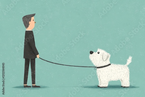Man in Suit Walking a Cute White Dog on a Leash in a Simple Scene