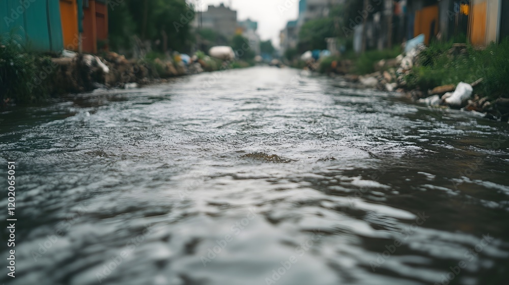 Polluted Urban River Flowing Through Congested City Street