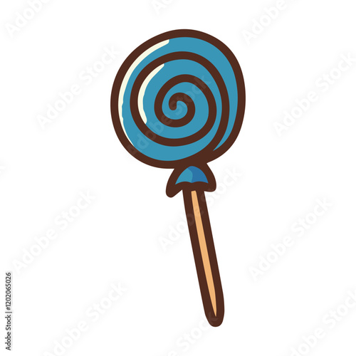 A blue lollipop with a spiral pattern on a stick, perfect for candy-themed designs, children's illustrations, or festive decorations