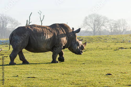 A Southern White Rhino walking across grassland.