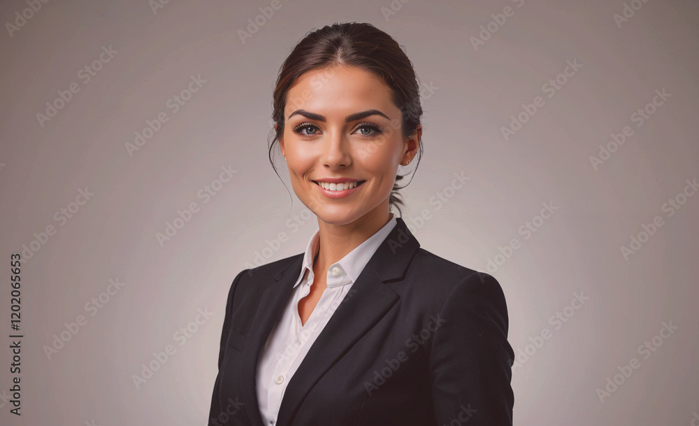 A woman in a business suit is smiling for the camera. She is wearing a black jacket and a white shirt A woman in a business suit is smiling for the camera. She is wearing a black jacket and a white shirt