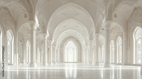 Golden White Luxury Mosque Interior with Columns and Sunlit Windows photo