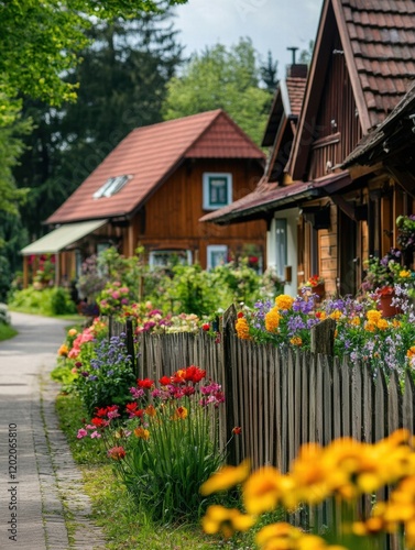 Wallpaper Mural Charming rural street with wooden cottages and vibrant flowers creating a picturesque village ambiance. Generative AI Torontodigital.ca