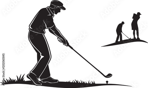 Photos A golf player playing with bat and ball in a playground silhouette and vector illustration design