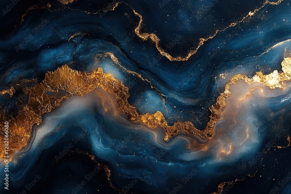 cosmic swirls of deep sapphire and gold leaf creating abstract patterns in liquid marble, with metallic veins flowing through crystalline structures in dramatic lighting cosmic swirls of deep sapphire and gold leaf creating abstract patterns in liquid marble, with metallic veins flowing through crystalline structures in dramatic lighting