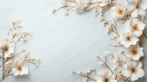 A stunning layout of delicate white flowers interspersed with golden accents against a softly marbled background that exudes elegance and tranquility.
