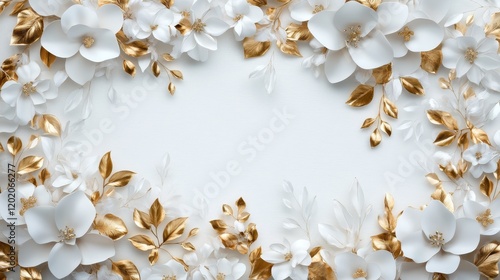 An extravagant display filled with luxurious white flowers and gold leaves, encapsulating vibrancy and elegance against a textured light backdrop, conveying wealth and taste.