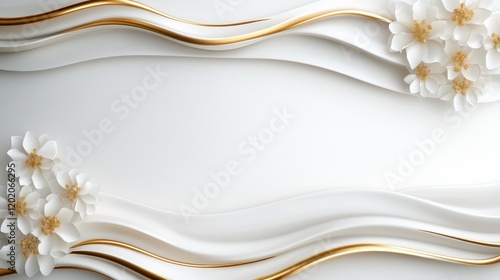 A captivating display of flowing lines combined with delicate white flowers that harmoniously blend with golden accents, showcasing artistic expression and dynamic beauty.