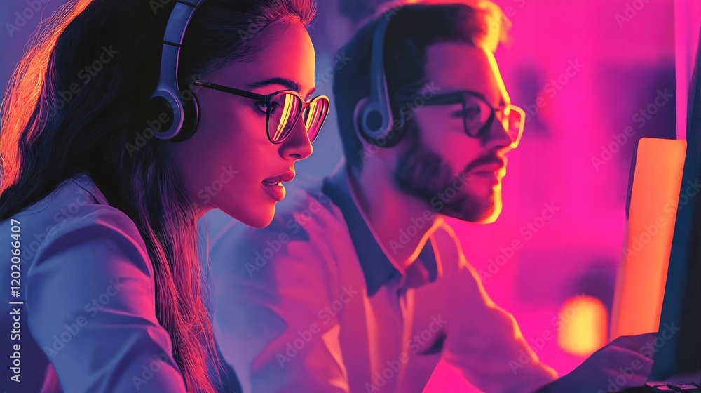 Two people wearing headphones and glasses sitting side by side while focused on computer monitors. Two people wearing headphones and glasses sitting side by side while focused on computer monitors.