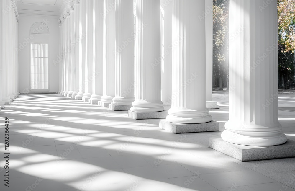 Serene Perspective of Grand White Columns with Soft Shadows in an Elegant Architectural Space Bathed in Natural Light and Surrounding Greenery Serene Perspective of Grand White Columns with Soft Shadows in an Elegant Architectural Space Bathed in Natural Light and Surrounding Greenery