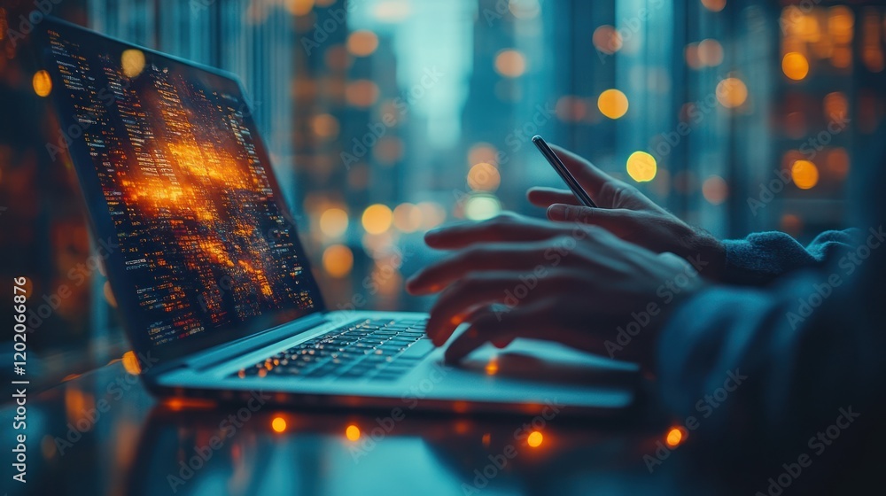 Night city view, person coding on laptop, phone nearby, data analysis Night city view, person coding on laptop, phone nearby, data analysis