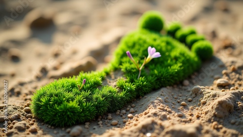 A footprint crafted from plants and moss, detailed with tread marks and flowers, on a dirt background, symbolizing reducing carbon footprints and eco-consciousness.