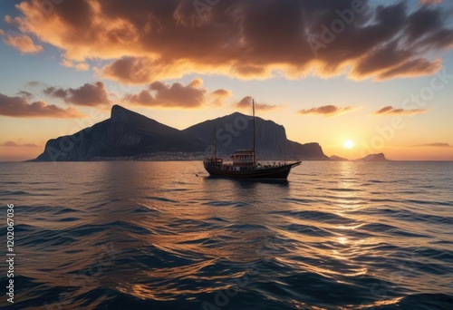 Boat sailing through the Bay of Algeciras with the Rock of Gibraltar visible on the horizon, Sailing, Bay of Algeciras, Ocean