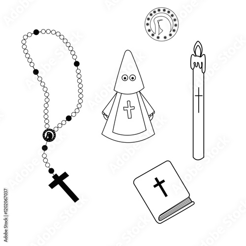 Conjunto religioso de Semana Santa española. El rosario, la medalla de la Virgen, la vela, el penitente y la Biblia. Ilustración en blanco y negro. 