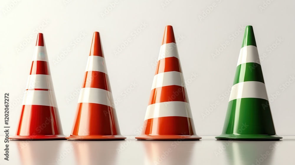 A vibrant arrangement of four traffic cones showcasing distinct colors, emphasizing their role in road safety and traffic management in a visually striking manner. A vibrant arrangement of four traffic cones showcasing distinct colors, emphasizing their role in road safety and traffic management in a visually striking manner.