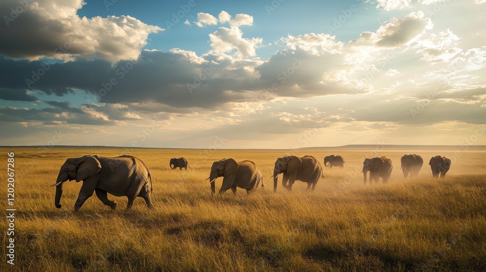 Elephant Herd Walking Across Savanna Elephant Herd Walking Across Savanna