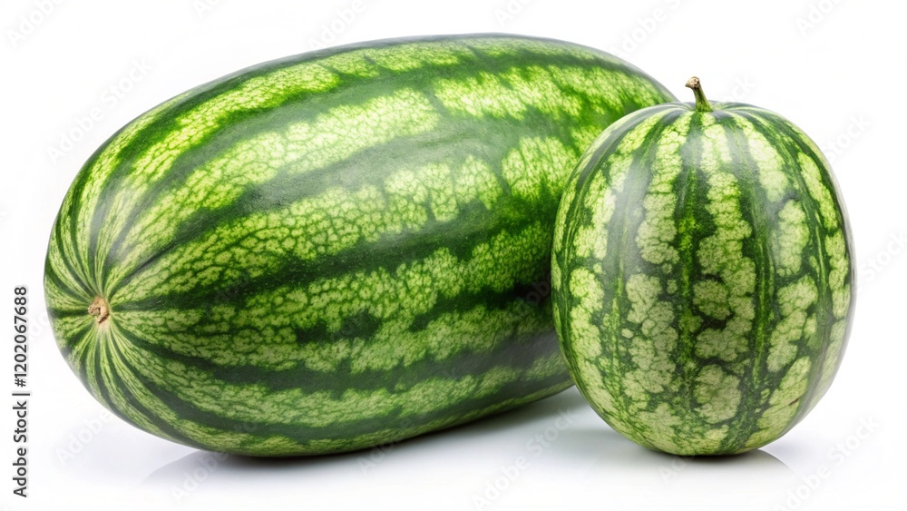whole elongated watermelon isolated on a white background, long watermelon close-up
