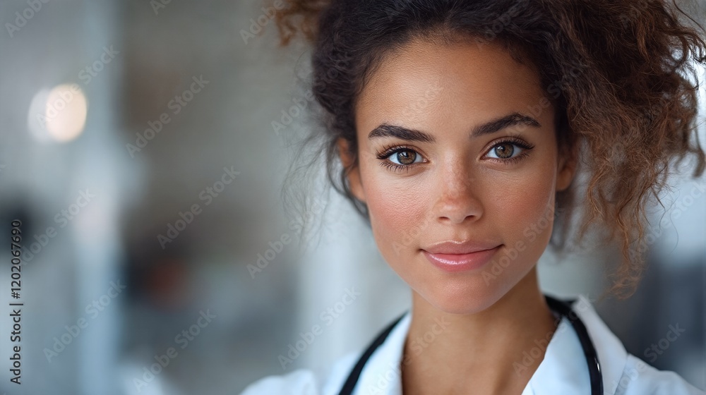 Portrait of a young female doctor with curly brown hair and green eyes wearing a white lab coat. Portrait of a young female doctor with curly brown hair and green eyes wearing a white lab coat.