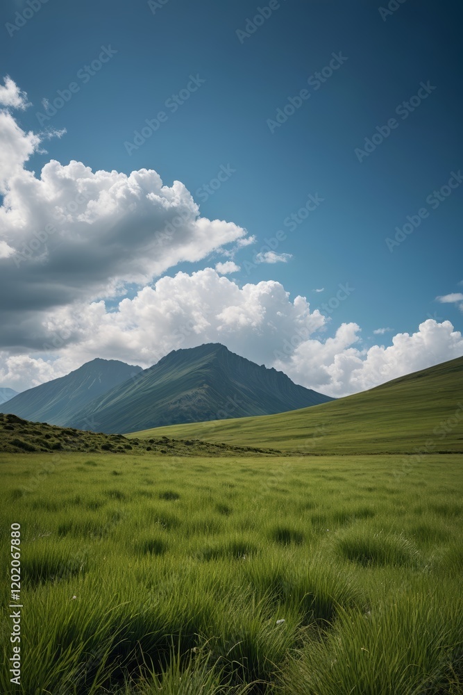 grassy field with mountains in the distance and a blue sky grassy field with mountains in the distance and a blue sky
