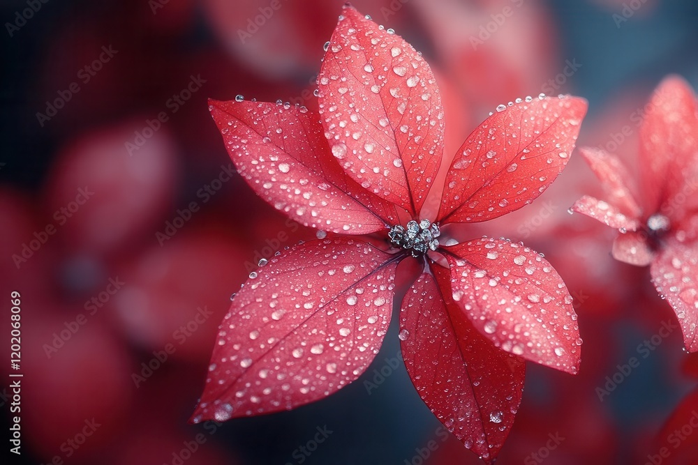 crimson maple leaves laden with crystal dewdrops, backlit by moonlight in ethereal garden setting crimson maple leaves laden with crystal dewdrops, backlit by moonlight in ethereal garden setting