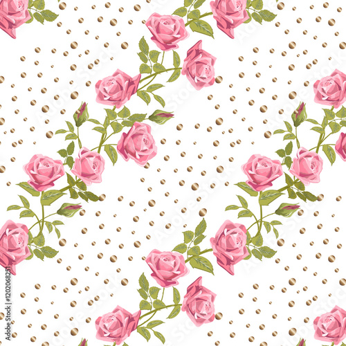 Pattern with roses and golden peas.Vector pattern with delicate roses and gold decor on a transparent background.