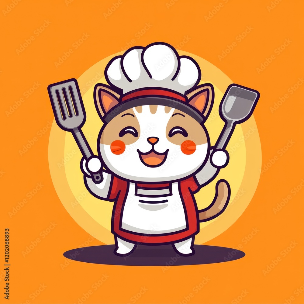Cute cartoon cat chef holding spatulas Cute cartoon cat chef holding spatulas