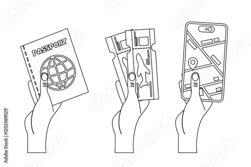 Hands holding passport, tickets, smartphone hand drawn black and white