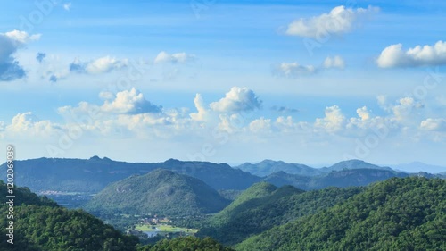 Landscape of mountains, sky and clouds. 4K 3840x2160, lockdown and  wide shot . Can be establishing shot. Time lapse.