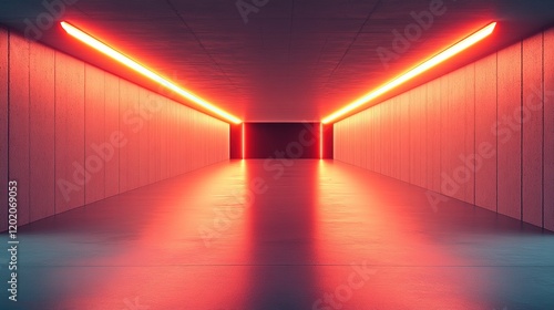 Red neon lights illuminate a long, empty corridor with concrete walls and floor.