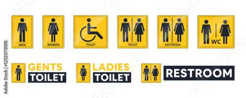 Toilet washroom flat printable public sign icon set. Restroom, bathroom, man, woman, WC, disabled, yellow, door sign, stickers silhouettes collection. Vector illustration with transparent background