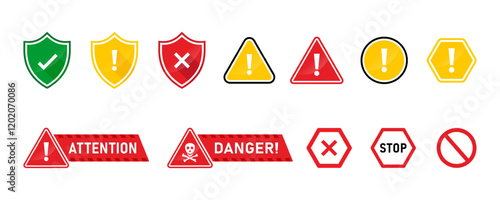 Safe and unsafe caution road sign icon set. Caution signs, construction, protection, do not cross, danger, warning, and suspicious activity icon pack. Vector illustration with transparent background.