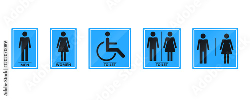 Toilet washroom flat printable public sign icon set. Restroom, bathroom, man, woman, WC, disabled, blue, door sign, stickers silhouettes collection. Vector illustration with transparent background