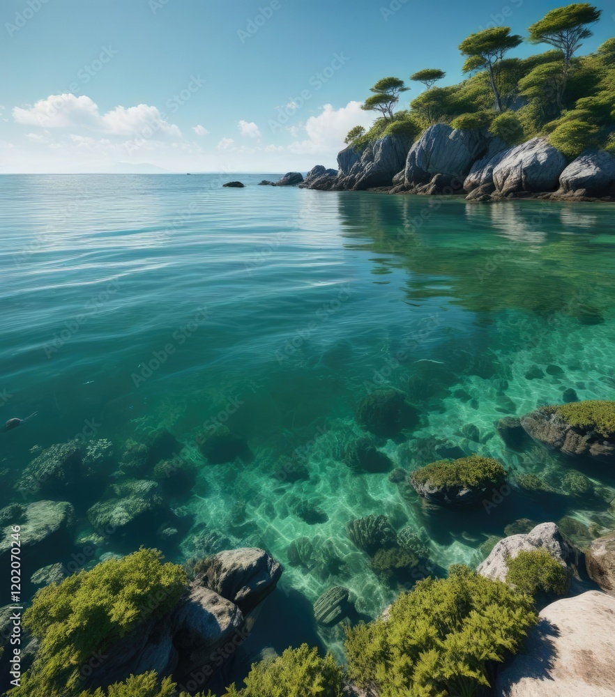 Calm emerald water with an abundance of seaweed and marine life, clear ocean, seaweed forests, emerald sea Calm emerald water with an abundance of seaweed and marine life, clear ocean, seaweed forests, emerald sea