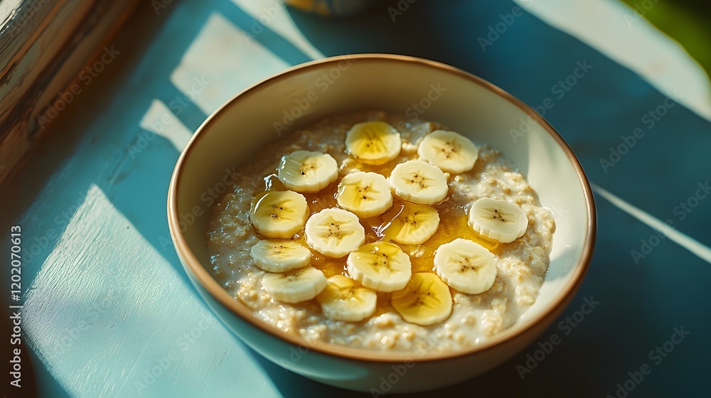 A warm bowl of oatmeal with sliced bananas A warm bowl of oatmeal with sliced bananas
