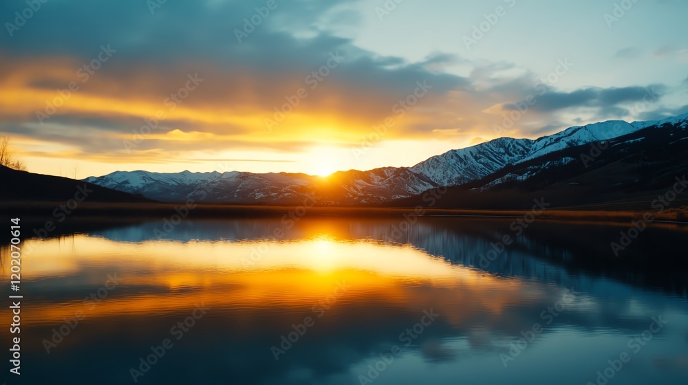 Fototapeta premium Stunning lake reflection at sunset with mountains.