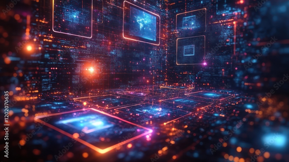 Digital network data flow, glowing screens, server room background, cybersecurity concept Digital network data flow, glowing screens, server room background, cybersecurity concept