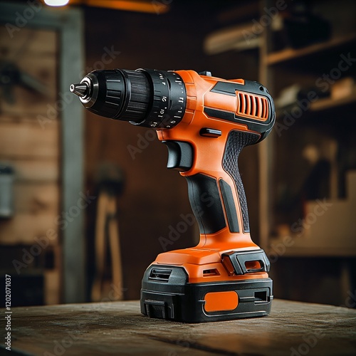 Cordless orange power drill on wooden table in workshop. photo