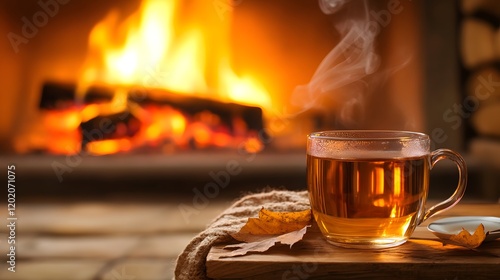 A warm crackling fireplace with a cup of tea