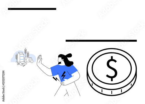 Wallpaper Mural Woman gestures stop to farming and eco-technology items such as crops, machines, and gaming. Large coin highlights financial debate. Ideal for sustainability, economy, choices, financial decisions Torontodigital.ca