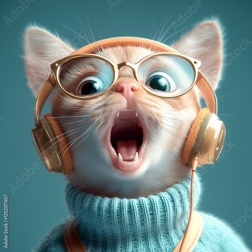 A close-up of a surprised orange kitten wearing oversized glasses, orange headphones, and a cozy blue sweater, set against a turquoise background, highlighting its playful and whimsical expression. photo