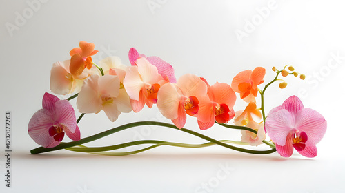 A whimsical orchid arrangement with swirling stems and pastel-colored blooms, set against a soft white background, during a studio photoshoot