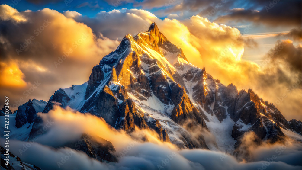 Fototapeta premium Dramatic mountain peak illuminated by golden sunset with clouds, AI Generation