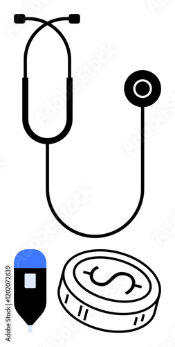Stethoscope, blood glucose meter, and a coin with a dollar symbol. Ideal for healthcare, medical costs, patient care, health economics, medical equipment financial planning and insurance. Line