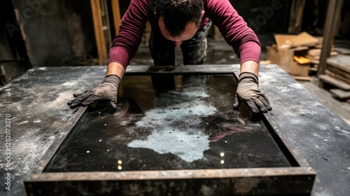 Caucasian male glassmaker crafting mirror in workshop with concentration and skill