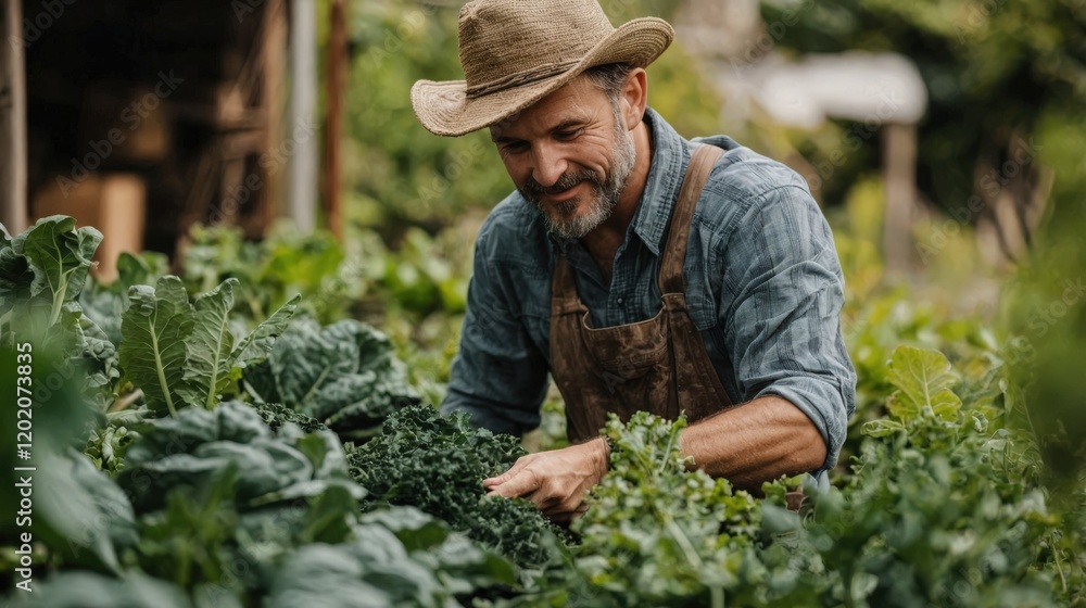 A middle-aged man smiles while tending to his kale plants in his garden. A middle-aged man smiles while tending to his kale plants in his garden.