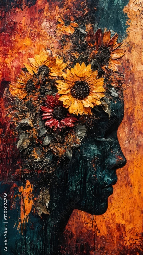 Fototapeta premium Abstract impasto painting of a woman's profile adorned with sunflowers and dark flowers in autumnal tones.